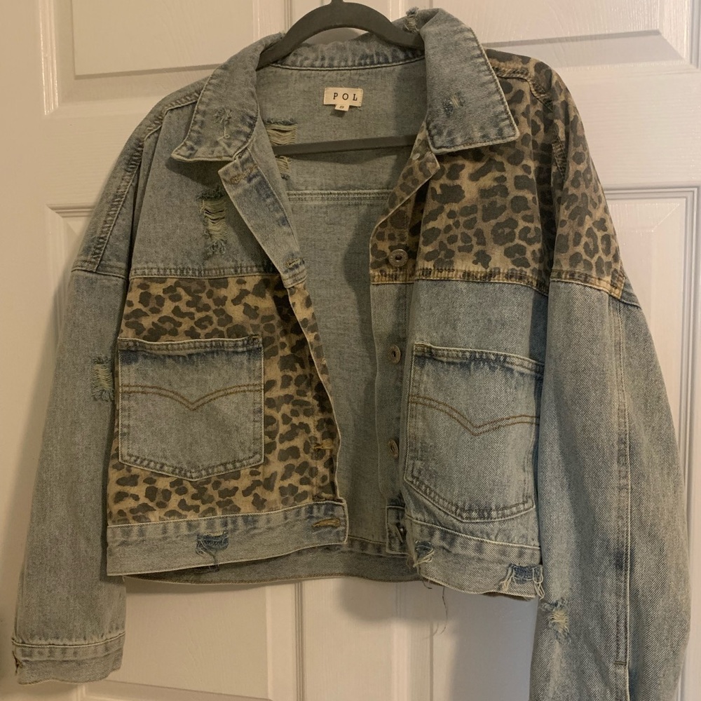 POL Distressed Denim Cheetah Jacket